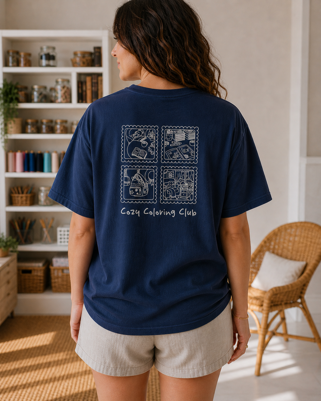 Model wearing oversized light blue coloring book lover t-shirt, Back View