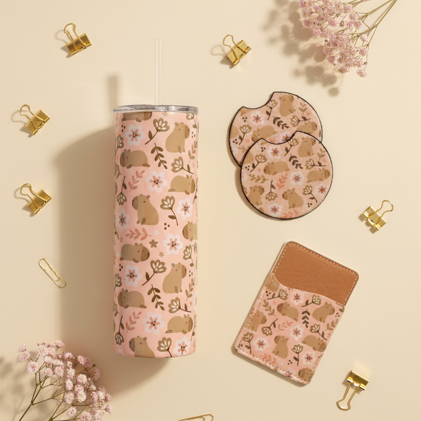 Cute Capybara Set – Tumbler, Car Coasters & Phone Wallet