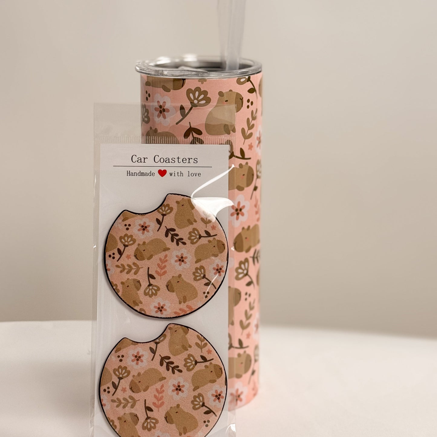 Cute Capybara Set – Tumbler, Car Coasters & Phone Wallet